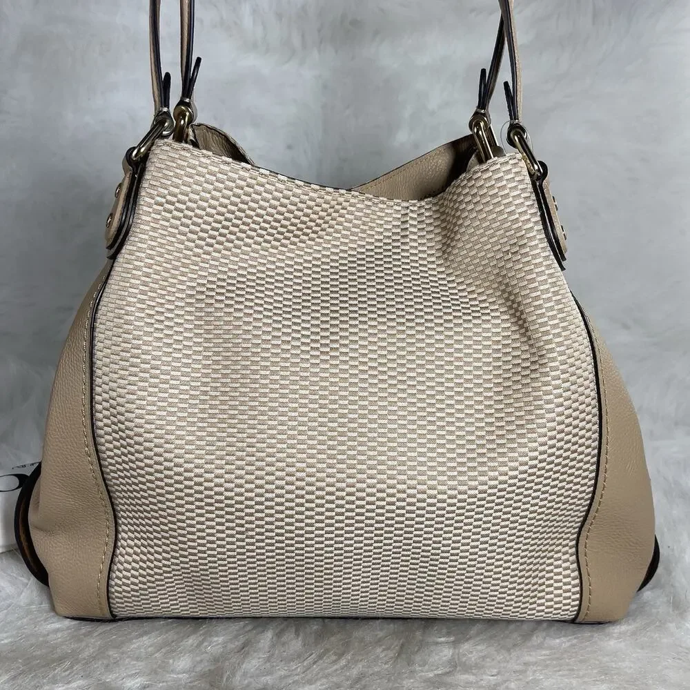 Coach Women’s Beige Woven Pebbled Finish Shoulder Bag, Gold Hardware, Tag